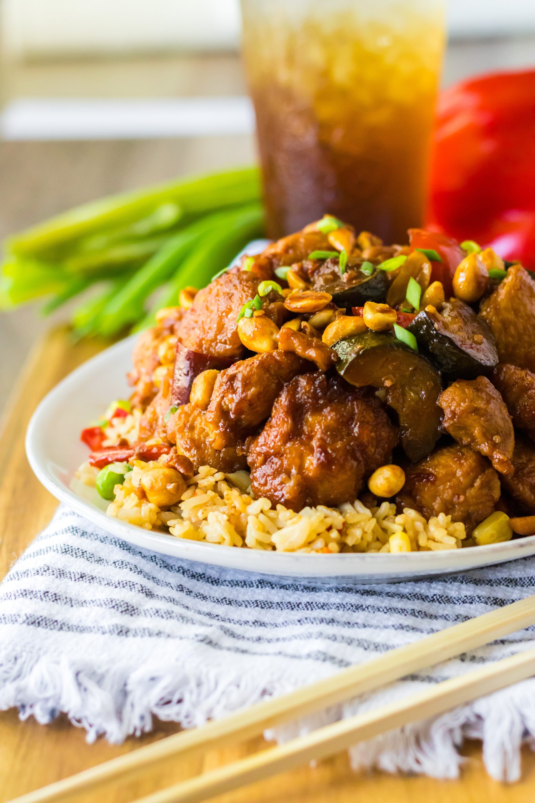 Slow Cooker Kung Pao Chicken piled high on plate
