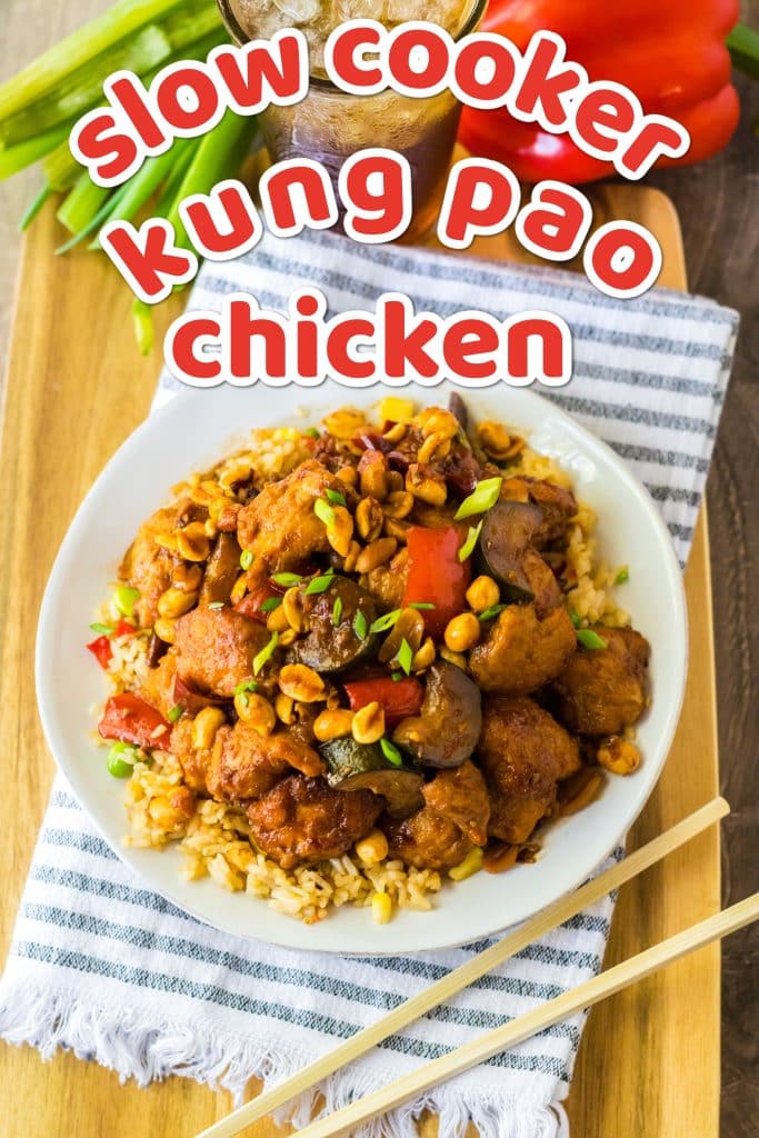 Slow Cooker Kung Pao Chicken piled high on plate