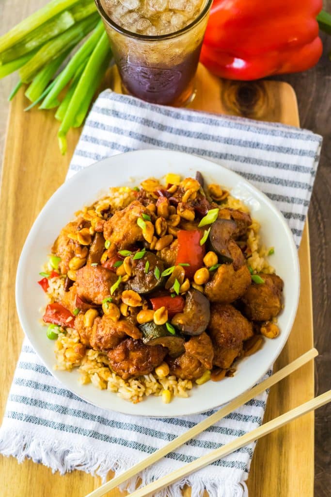 Slow Cooker Kung Pao Chicken piled high on plate