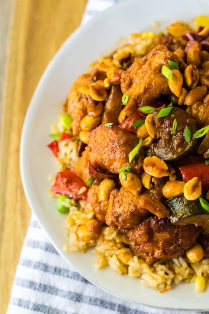 Slow Cooker Kung Pao Chicken piled high on plate