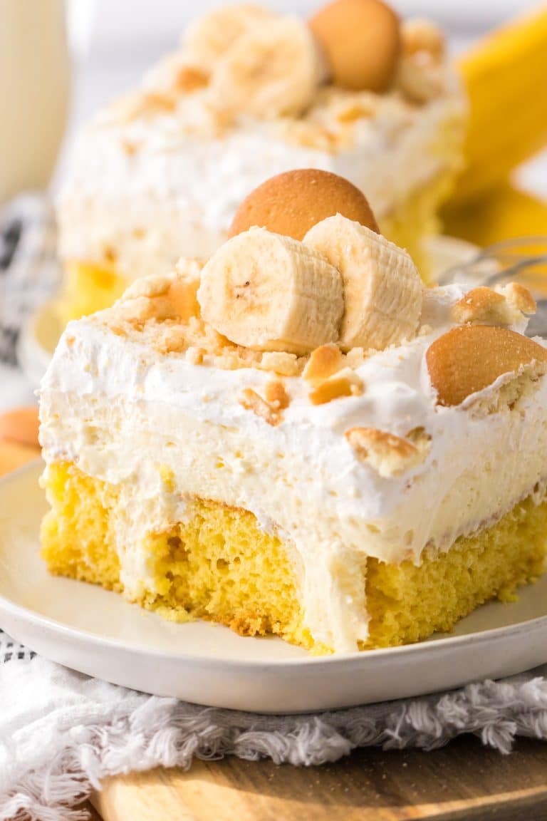 Ultimate Banana Pudding Poke Cake plated