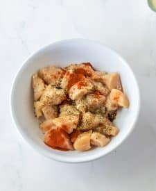 Chicken Caesar Pasta Salad chicken in bowl