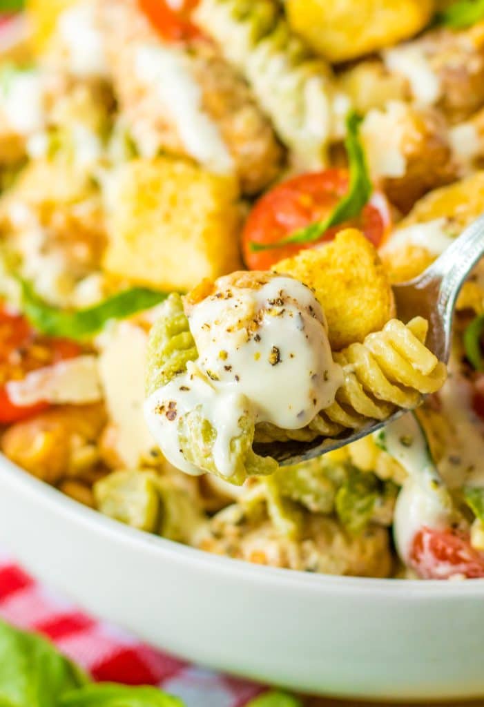 Chicken Caesar Pasta Salad on fork