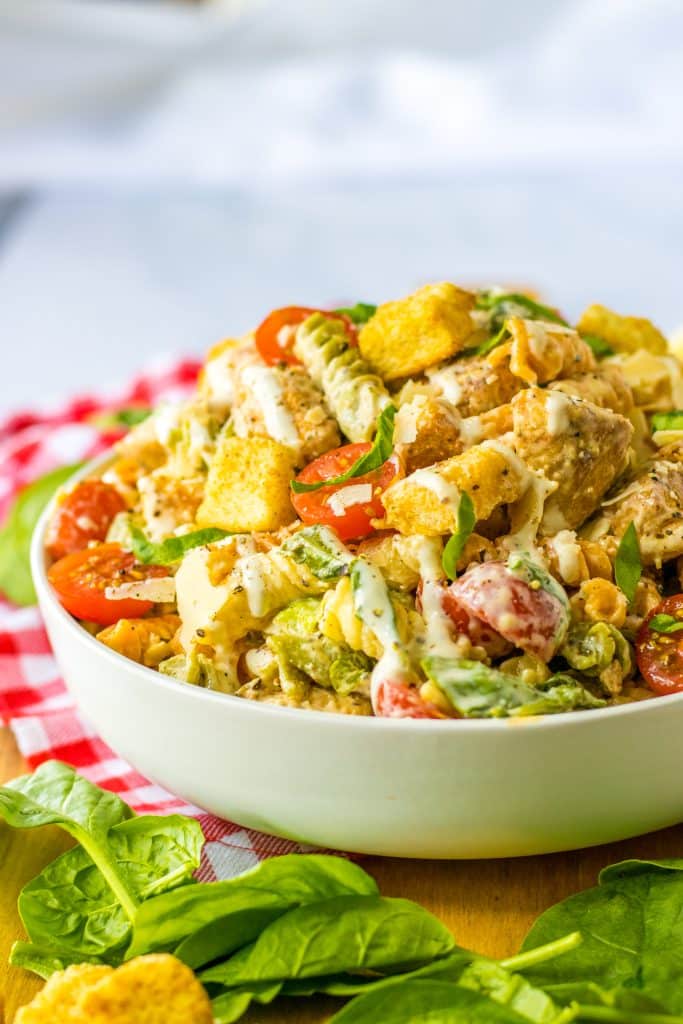 Chicken Caesar Pasta Salad plated in bowl