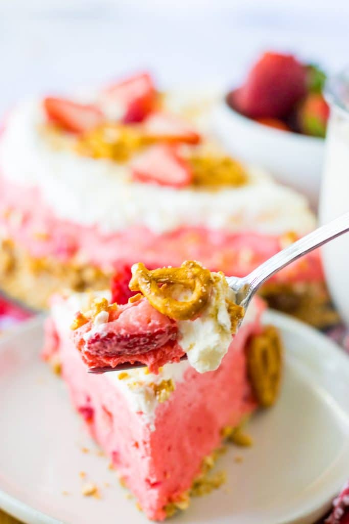 No Bake Strawberry Pretzel Pie on fork