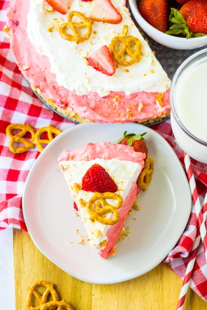 Slice of No Bake Strawberry Pretzel Pie