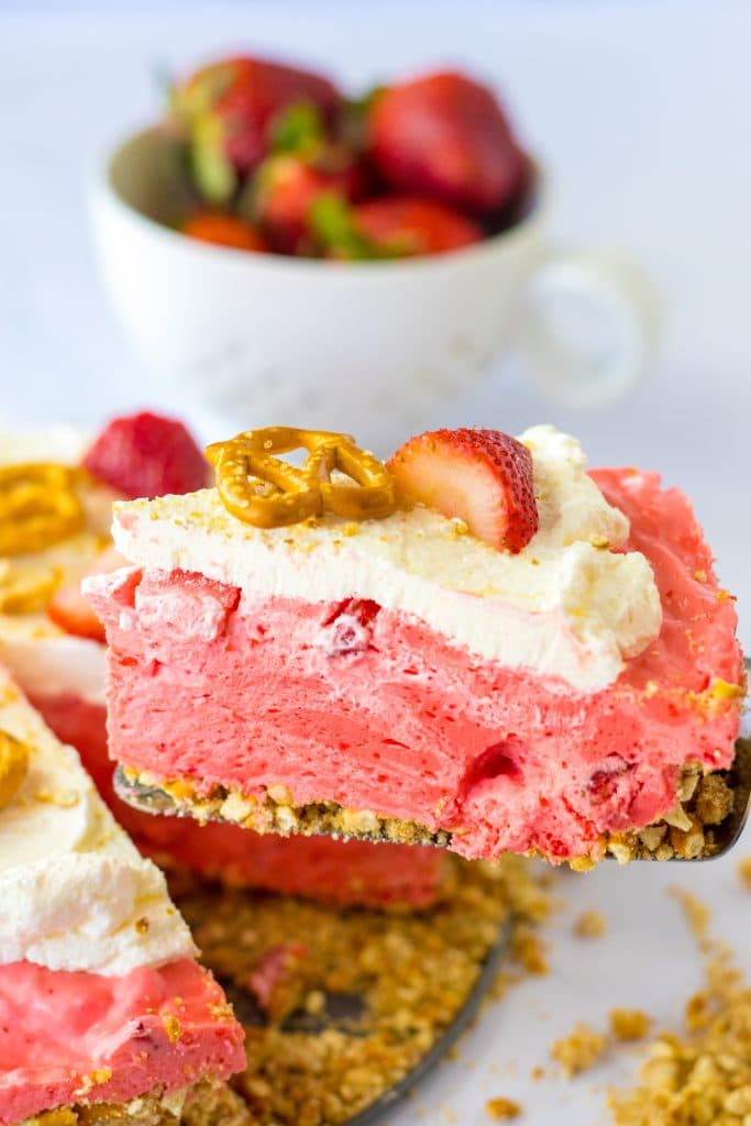 No Bake Strawberry Pretzel Pie slice