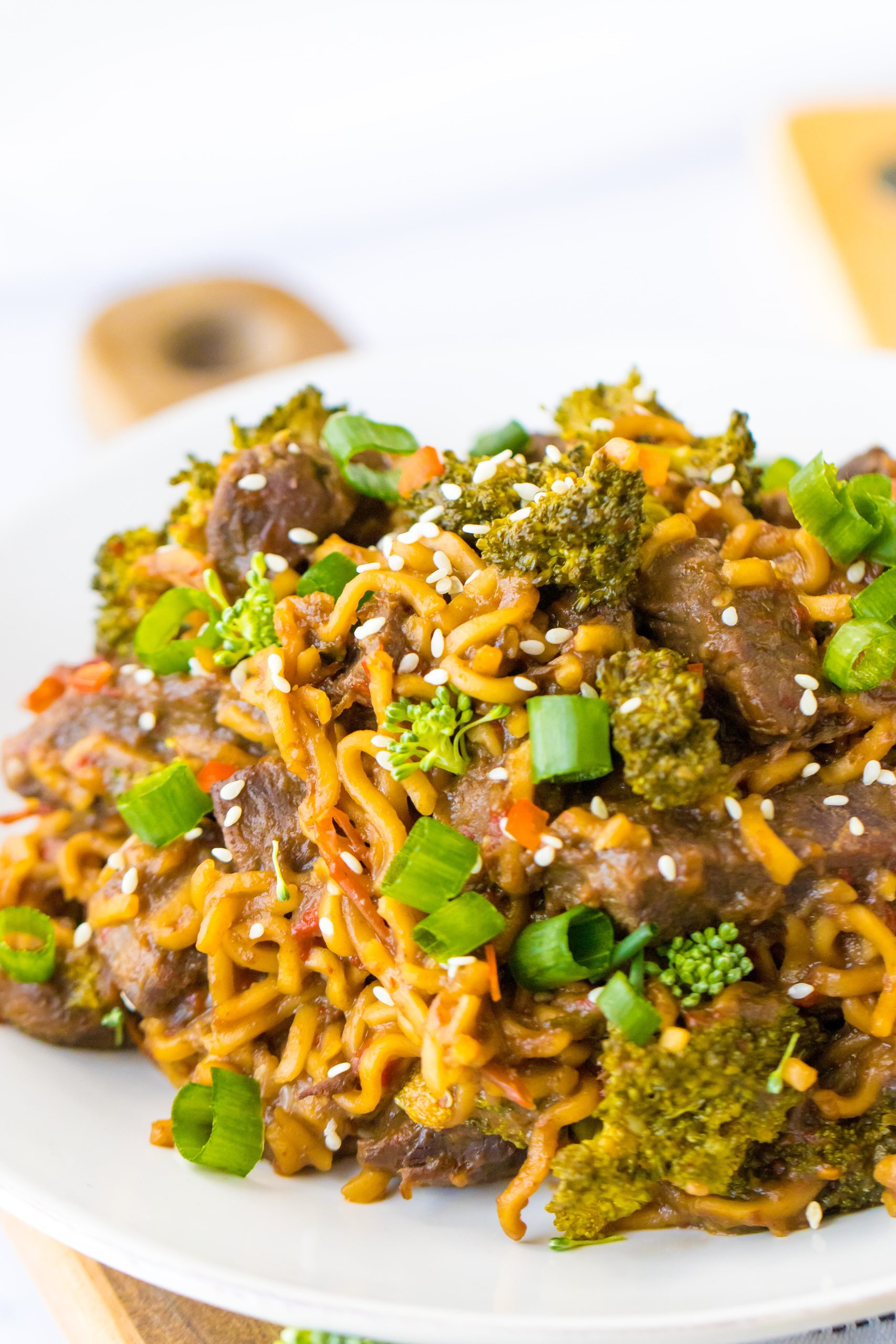 Close up of Slow Cooker Beef and Broccoli Ramen plated