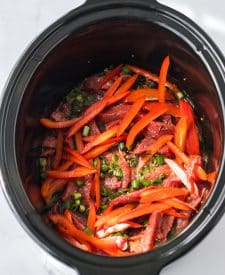 Slow Cooker Beef and Broccoli Ramen ingredients in slow cooker