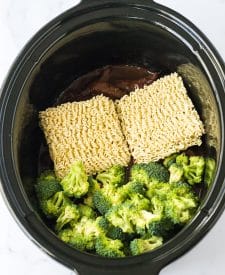 Slow Cooker Beef and Broccoli Ramen noodles and broccoli in slow cooker