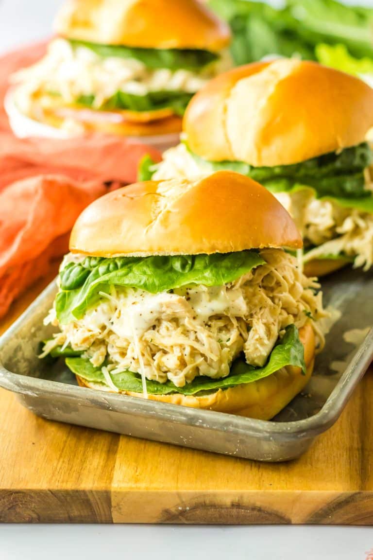 Slow Cooker Chicken Caesar Sandwiches in a tray