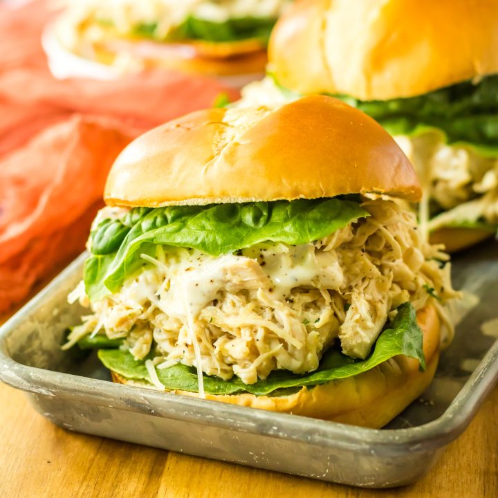 Slow Cooker Chicken Caesar Sandwiches in a tray