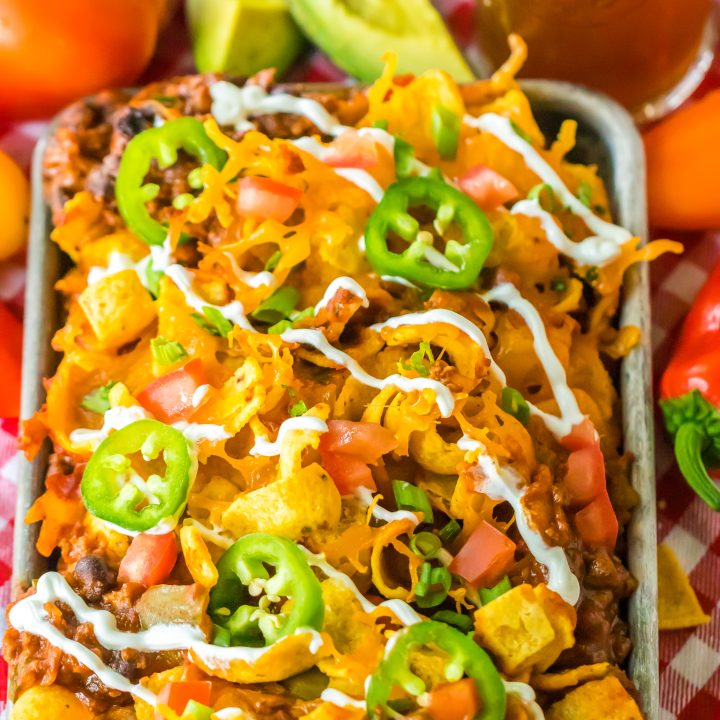 Slow Cooker Frito Pie plated in tray