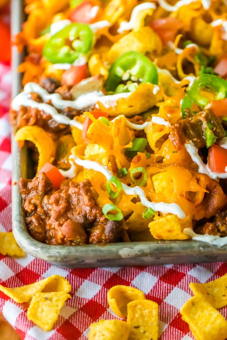 Slow Cooker Frito Pie plated in tray