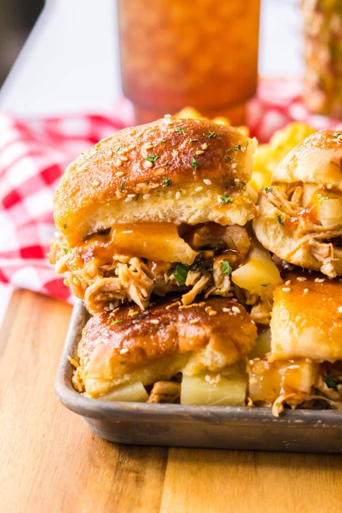 Slow Cooker Hawaiian Chicken Sliders plated