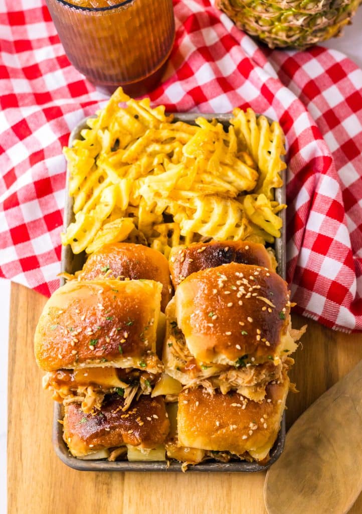 Slow Cooker Hawaiian Chicken Sliders plated