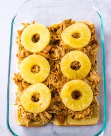 Slow Cooker Hawaiian Chicken Sliders in baking dish