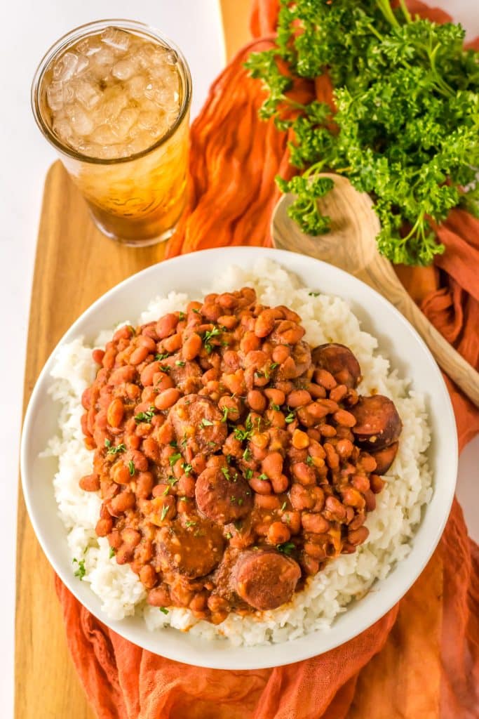 Slow Cooker Red Beans and Rice plated in bowl.