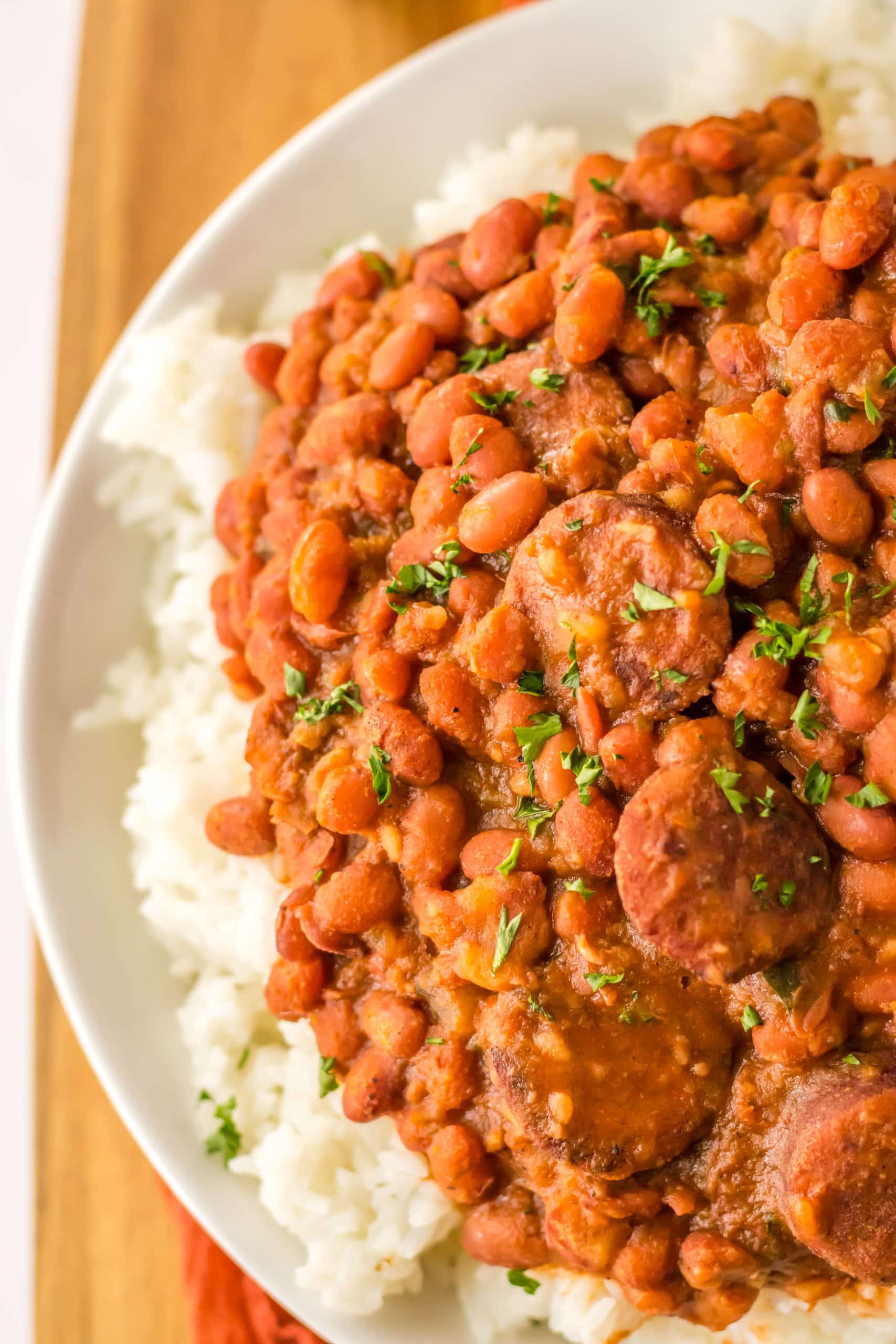 Slow Cooker Red Beans and Rice plated in a bowl.