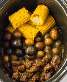 Slow Cooker Steak, Potatoes and Corn in slow cooker