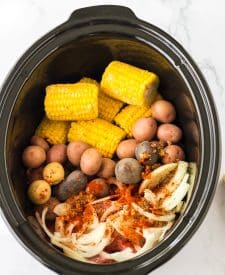 Slow Cooker Steak, Potatoes and Corn in slow cooker
