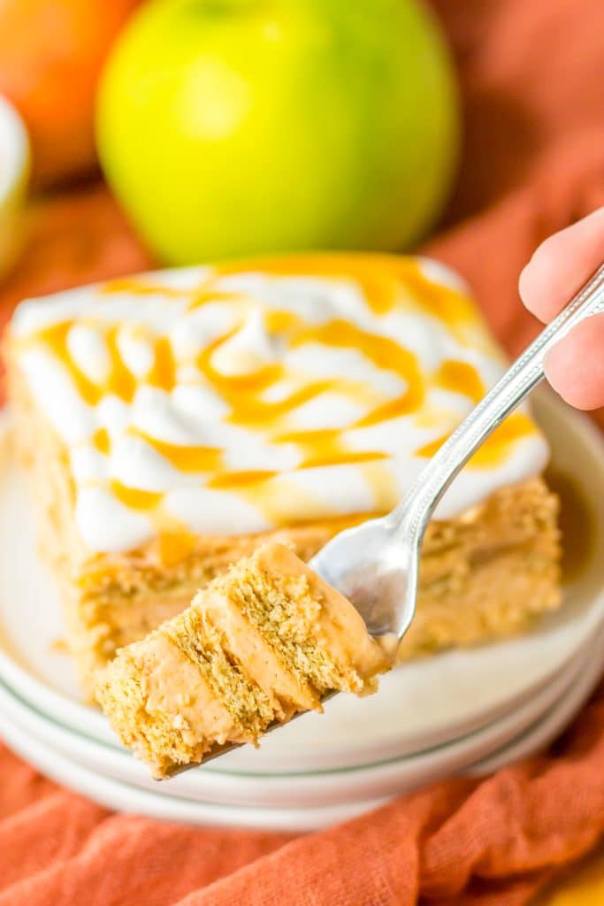 Caramel Apple Icebox Cake plated and on fork