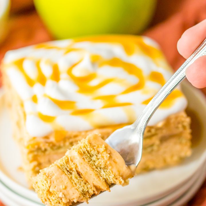 Caramel Apple Icebox Cake plated and on fork