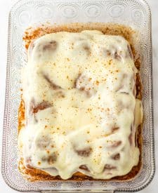 Hawaiian Cinnamon Rolls frosted in pan