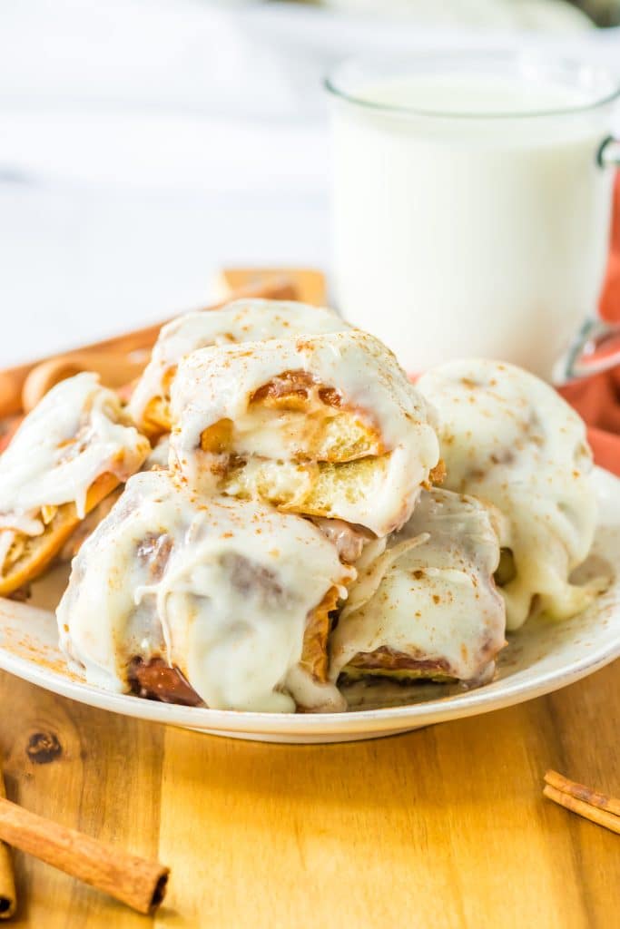 Hawaiian Cinnamon Rolls piled on plate