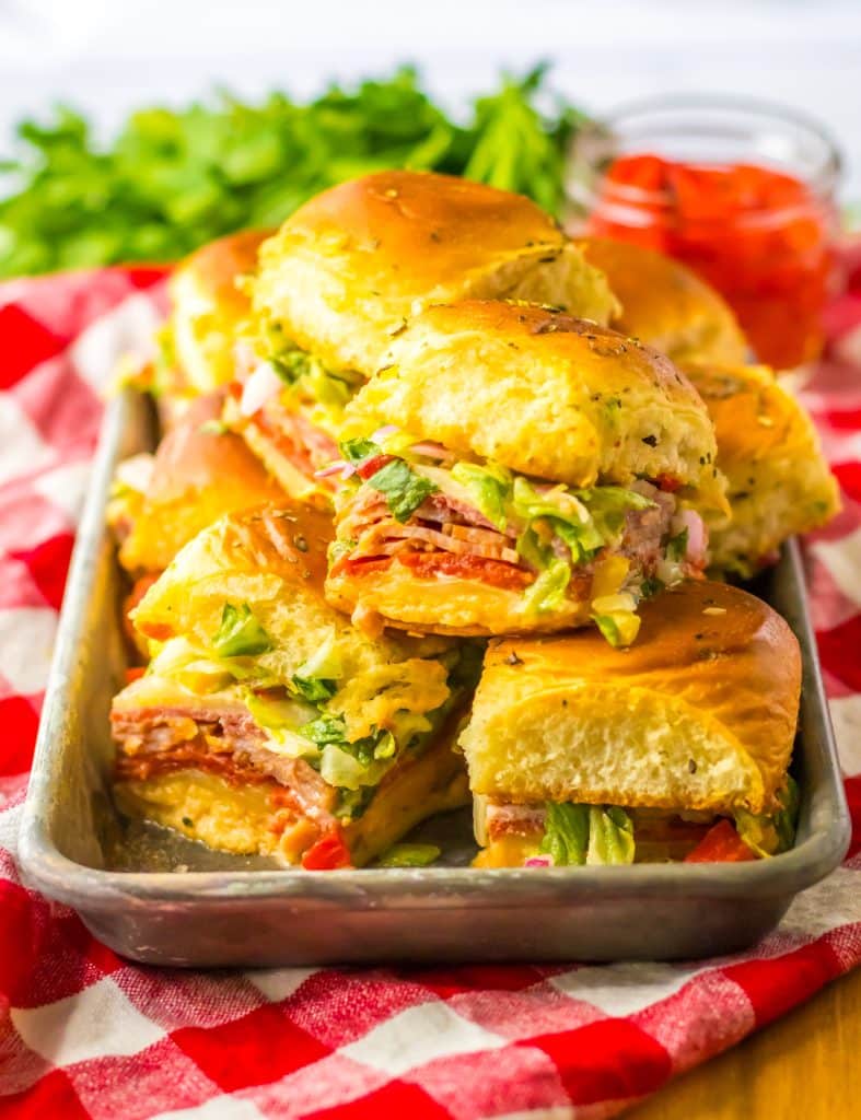 Italian Sub Sliders piled in tray