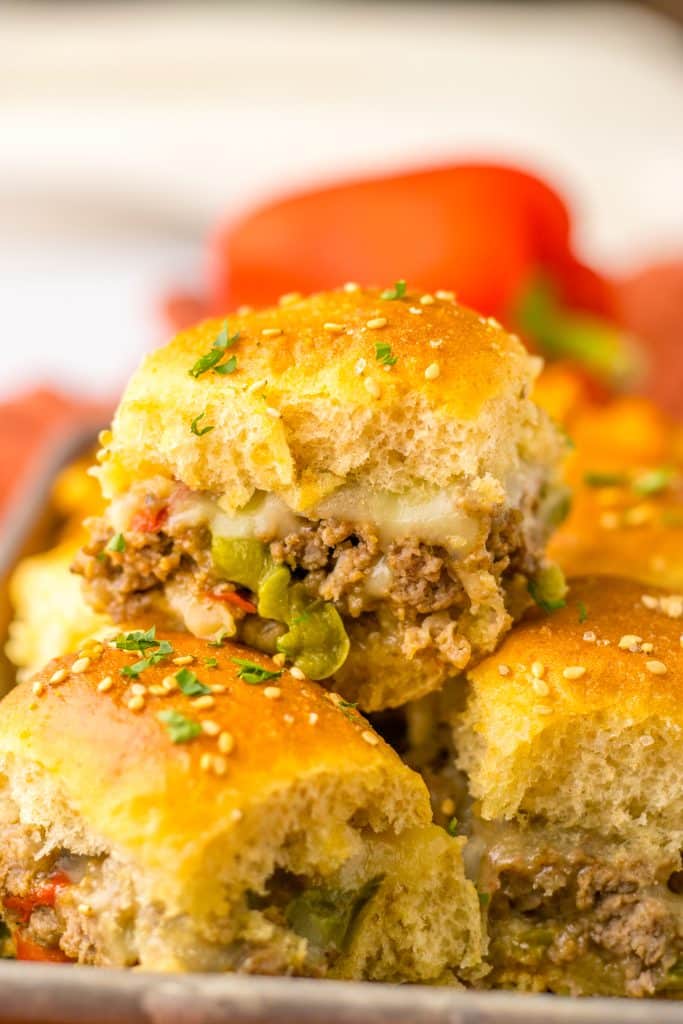 Philly Cheesesteak Sliders stacked up
