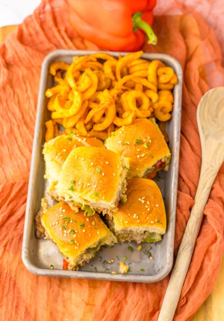 Philly Cheesesteak Sliders on a tray