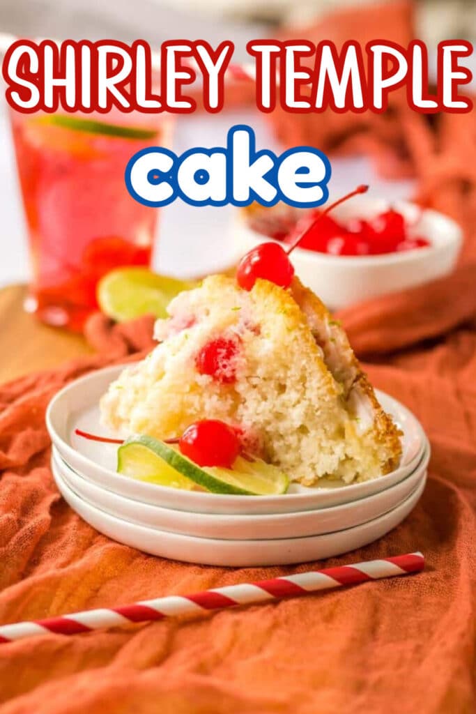 Moist Shirley Temple cake topped with cherries and drizzled with glaze, served on a white plate