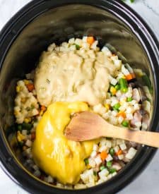 Slow Cooker Chicken Cobbler ingredients in slow cooker