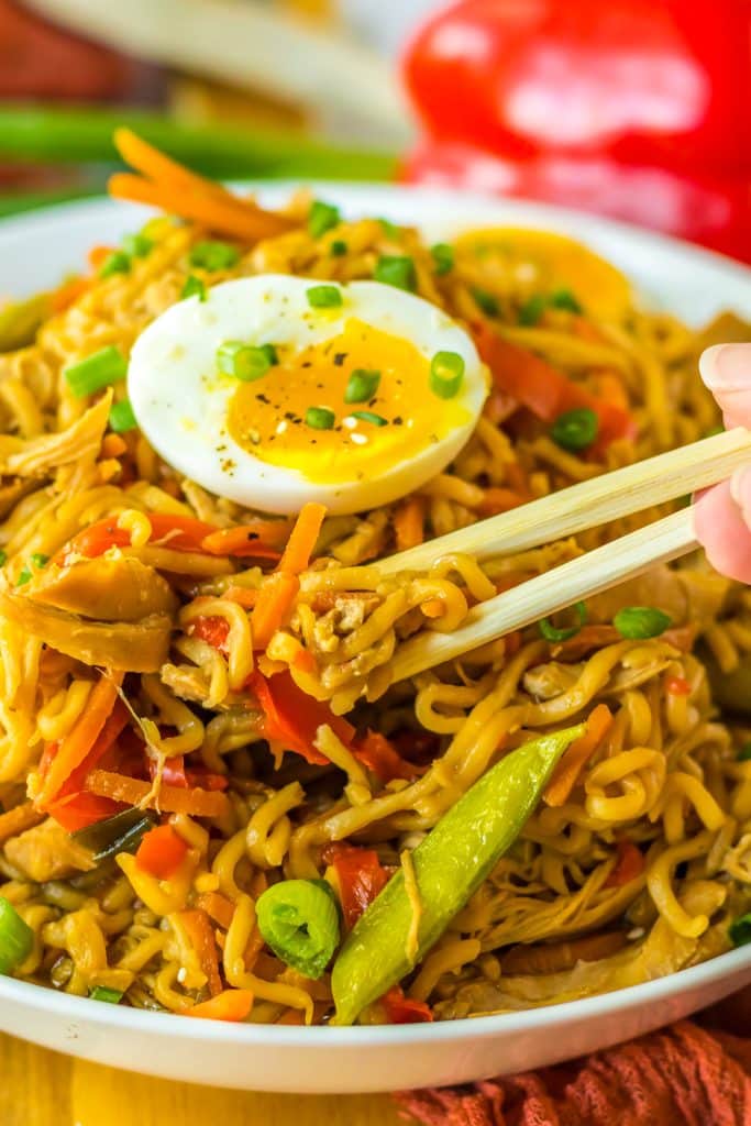 Slow Cooker Chicken Ramen with chopsticks