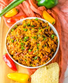 Slow Cooker Chili Mac plated in a bowl