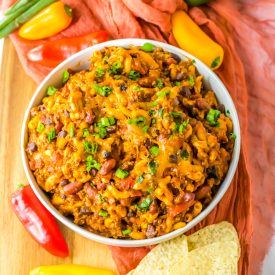 Slow Cooker Chili Mac plated in a bowl