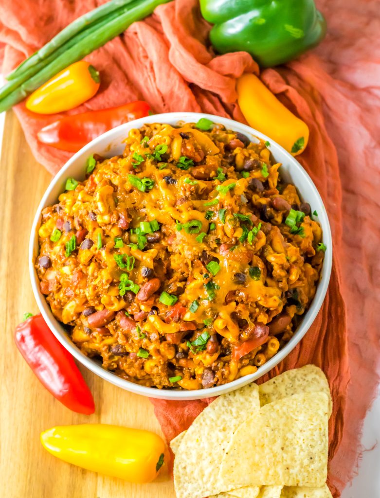 Slow Cooker Chili Mac plated in a bowl
