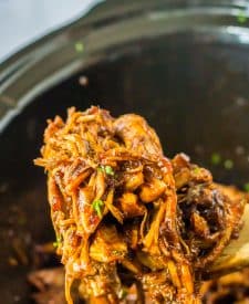 Slow Cooker Honey Balsamic Pork Loin in slow cooker in spoon