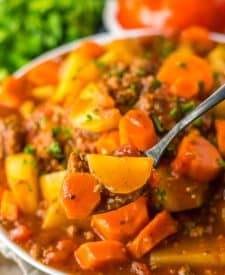 Slow Cooker Poor Mans Stew on a spoon