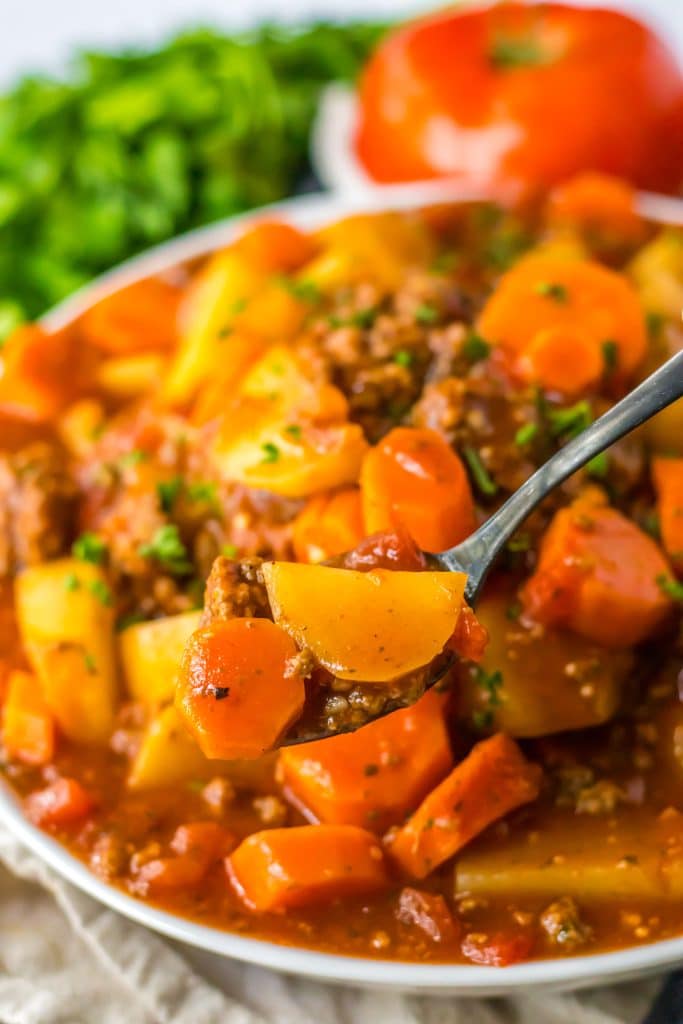 Slow Cooker Poor Mans Stew on a spoon