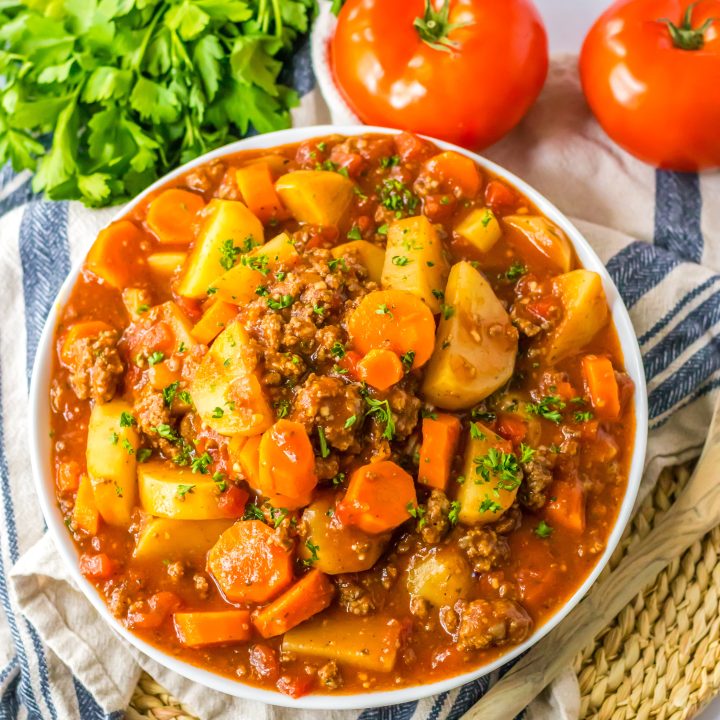 Slow Cooker Poor Mans Stew plated in bowl