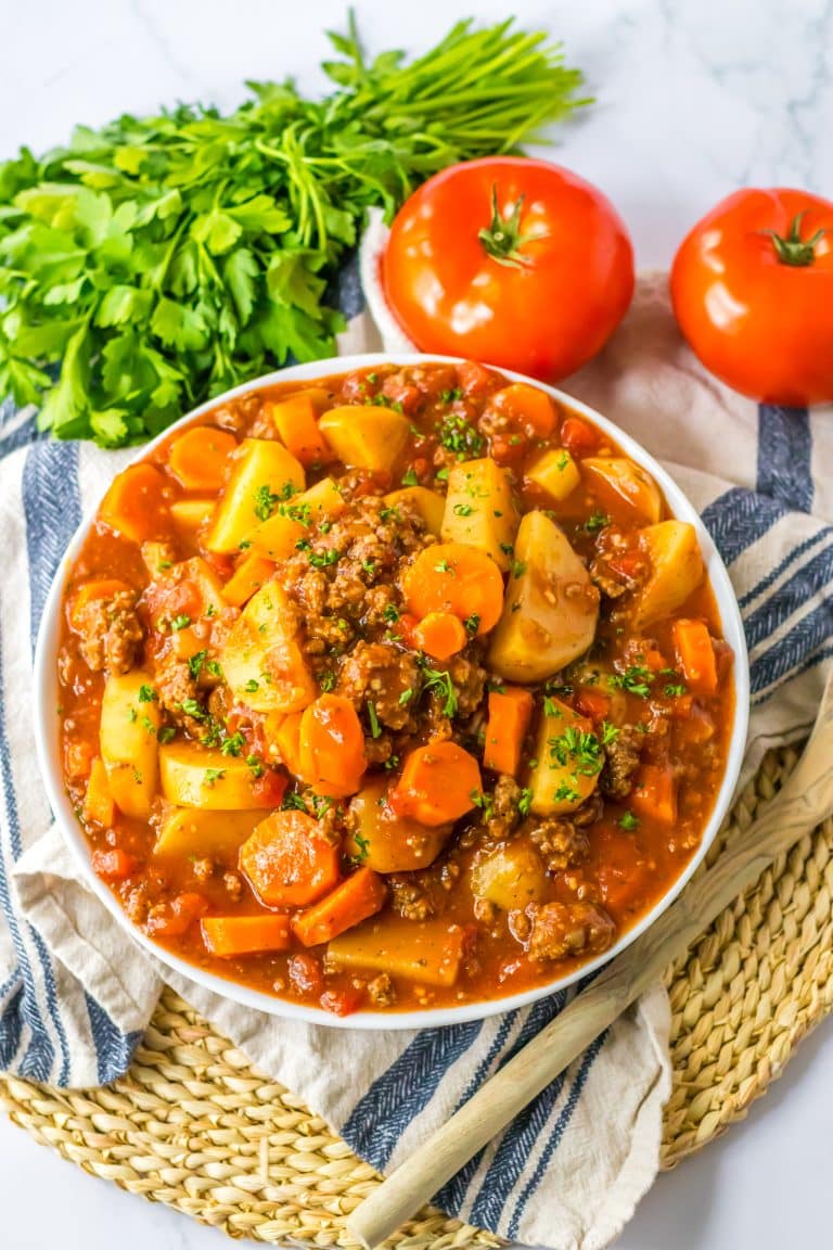 Slow Cooker Poor Mans Stew plated in bowl