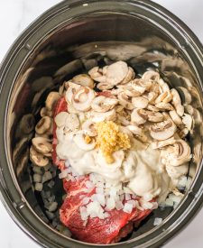 Slow Cooker Pot Roast Stroganoff ingredients in slow cooker