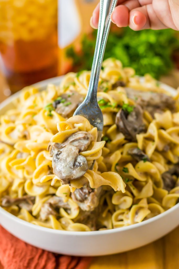 Slow Cooker Pot Roast Stroganoff on a fork
