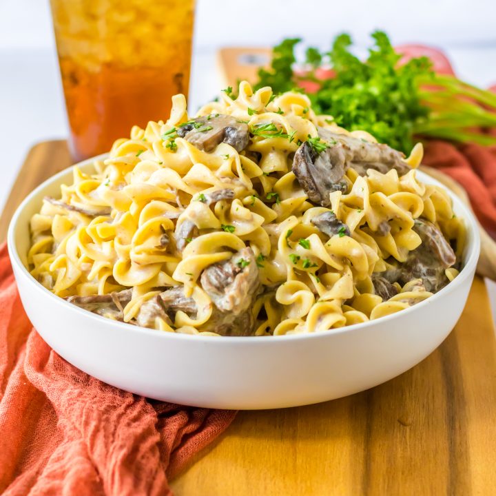 Slow Cooker Pot Roast Stroganoff plated in a bowl