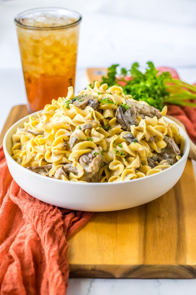 Slow Cooker Pot Roast Stroganoff plated in a bowl