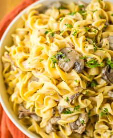 Slow Cooker Pot Roast Stroganoff plated in a bowl