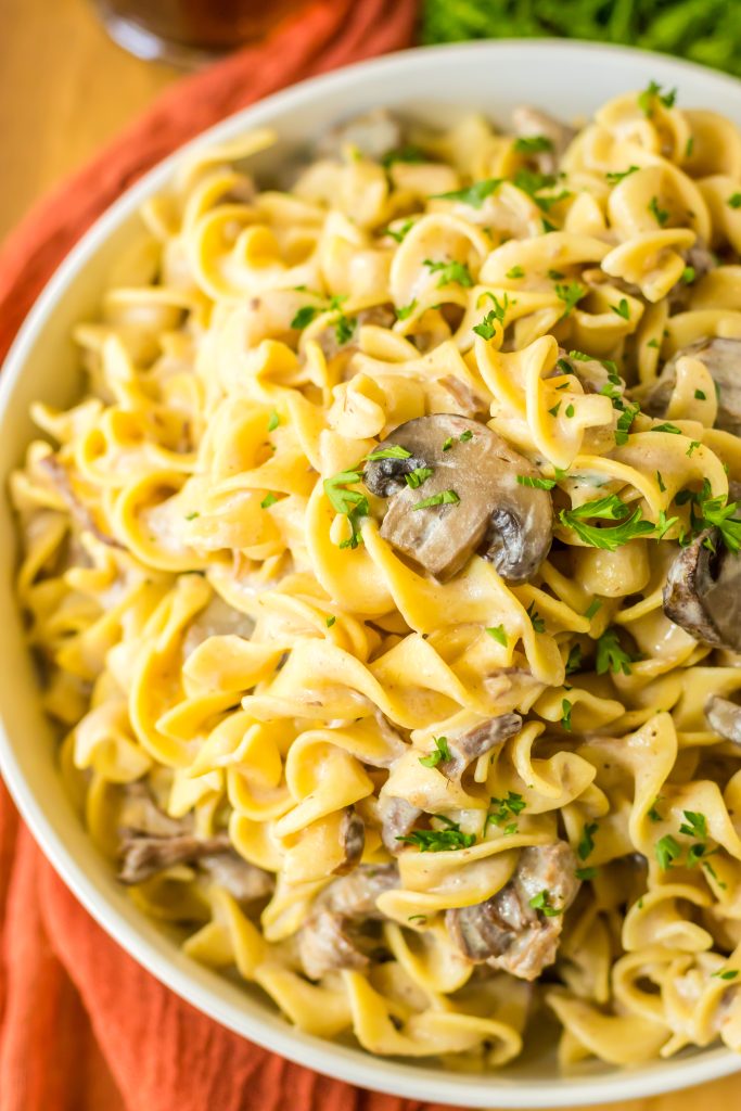 Slow Cooker Pot Roast Stroganoff plated in a bowl