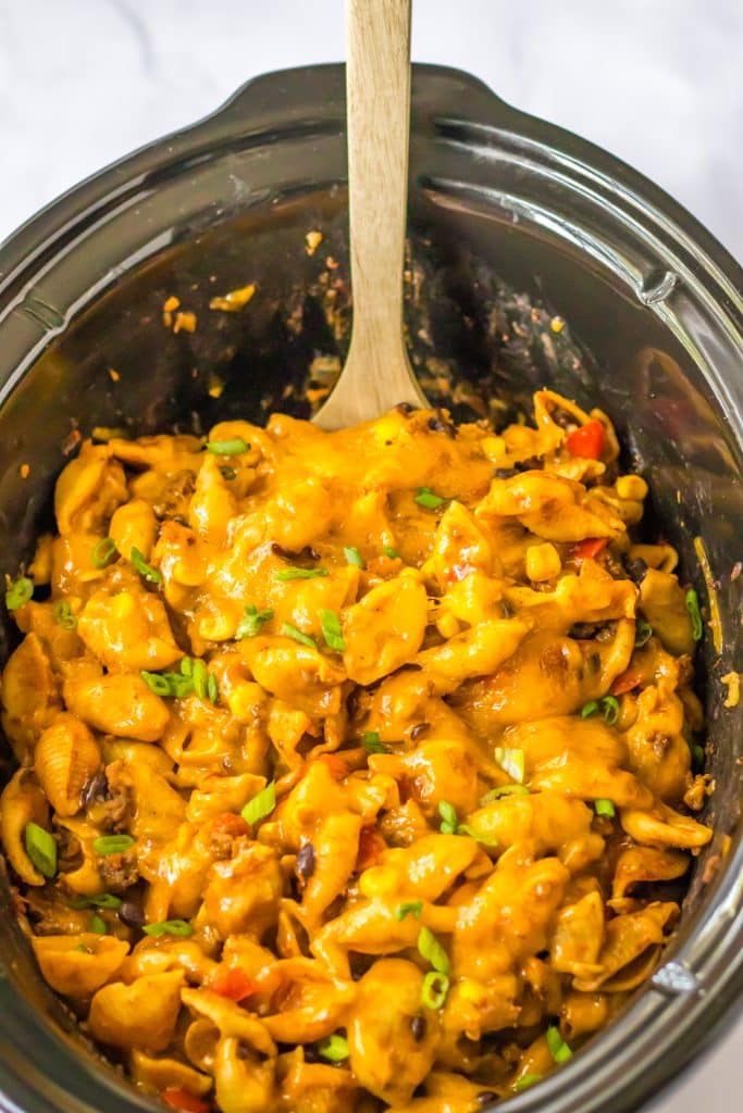 Slow Cooker Taco Pasta in slow cooker in spoon